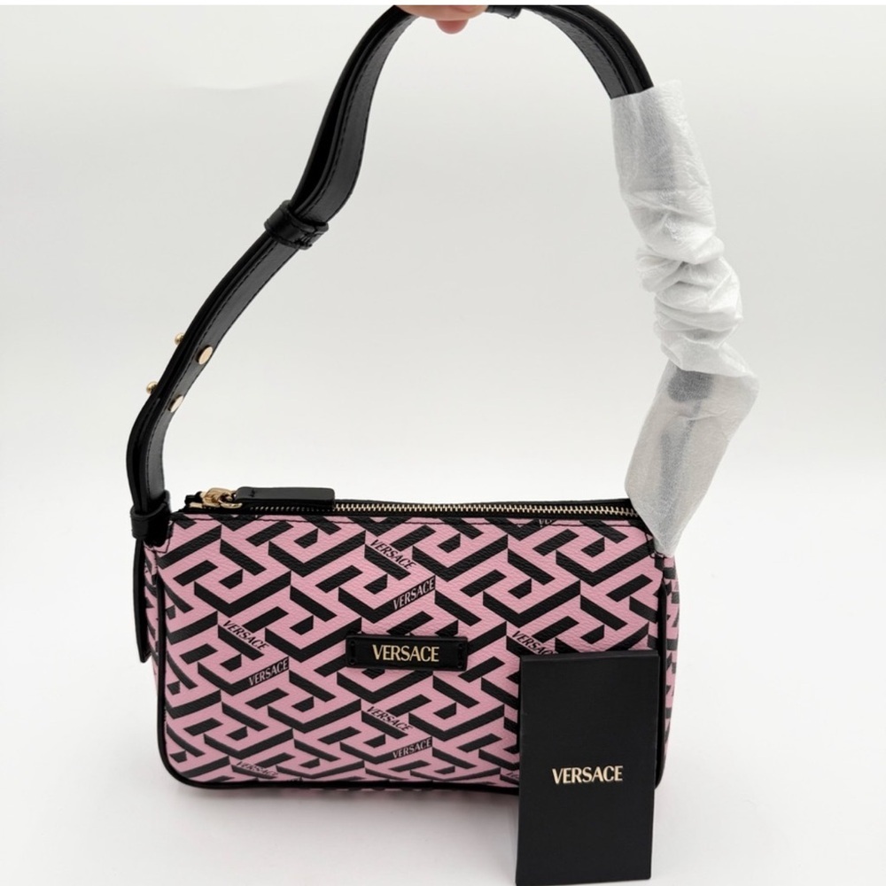 Authentic Versace Pink/Black La Greca Signature Leather Crossbody w/Dust Bag NWT